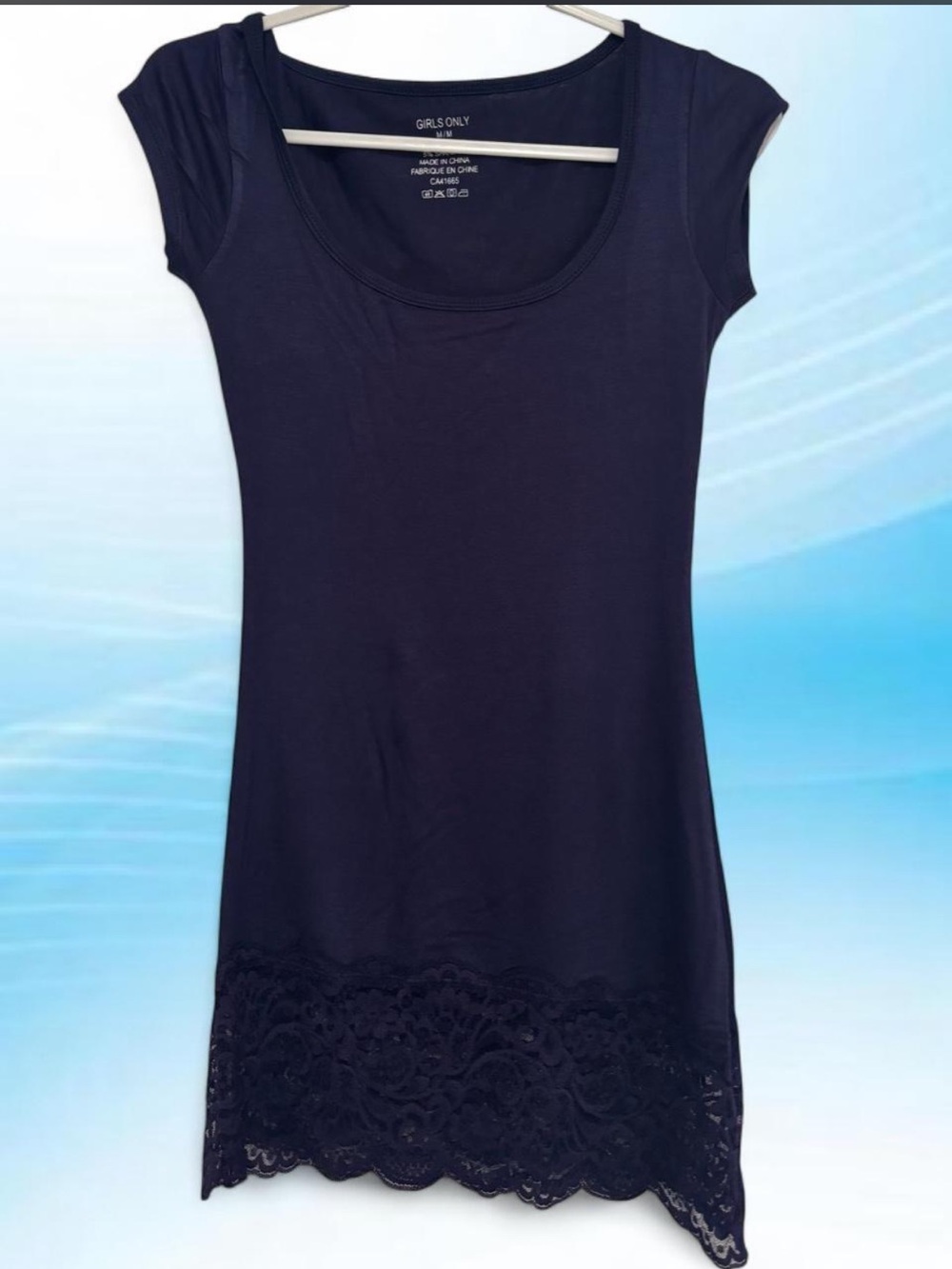 Navy Cap-Sleeve Scoop Neck Top with Lace Hem Approx Size Xs